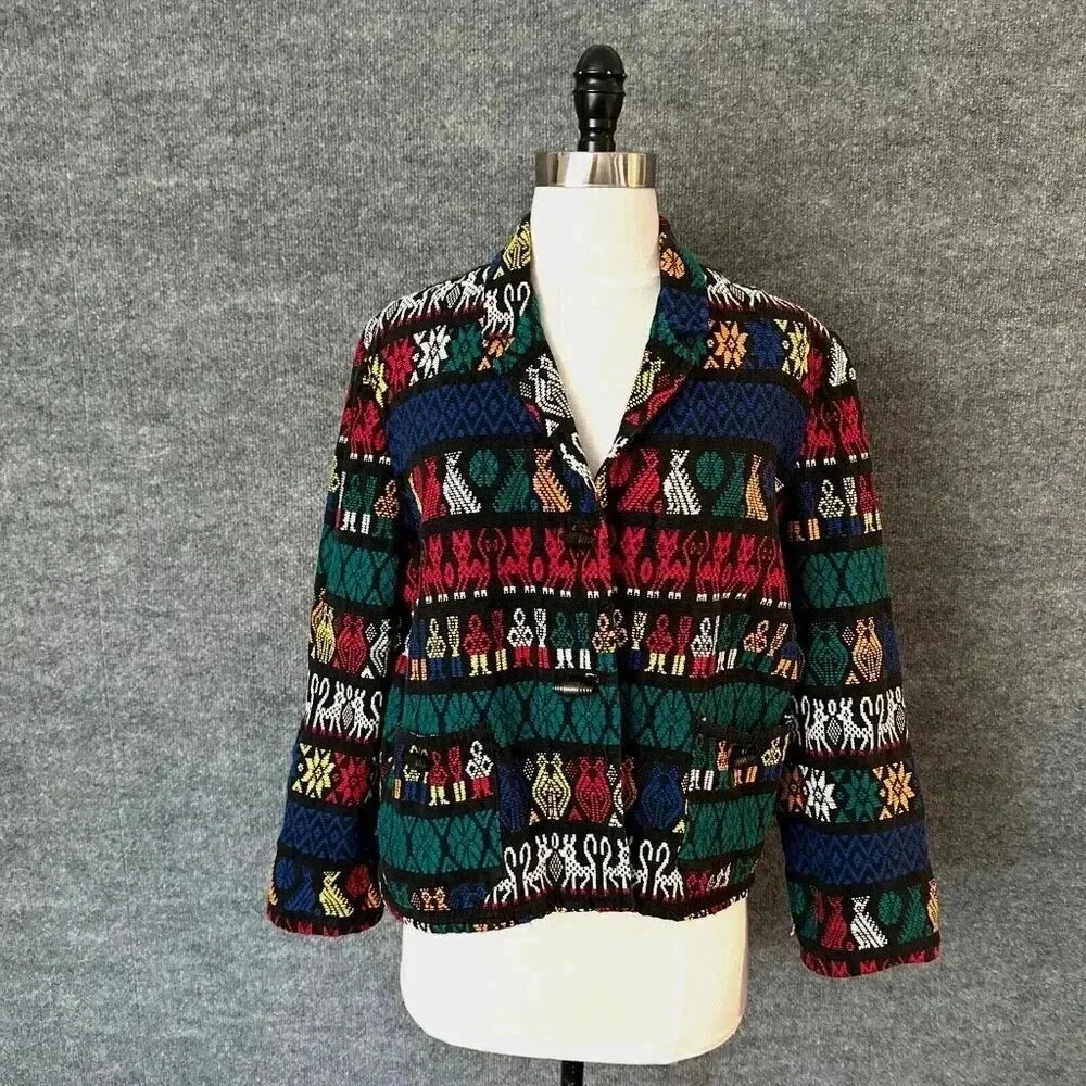 Vintage Artes Guatemattecas Jacket Womens Medium Cropped Hand Woven Wearable Art - Picture 1 of 16